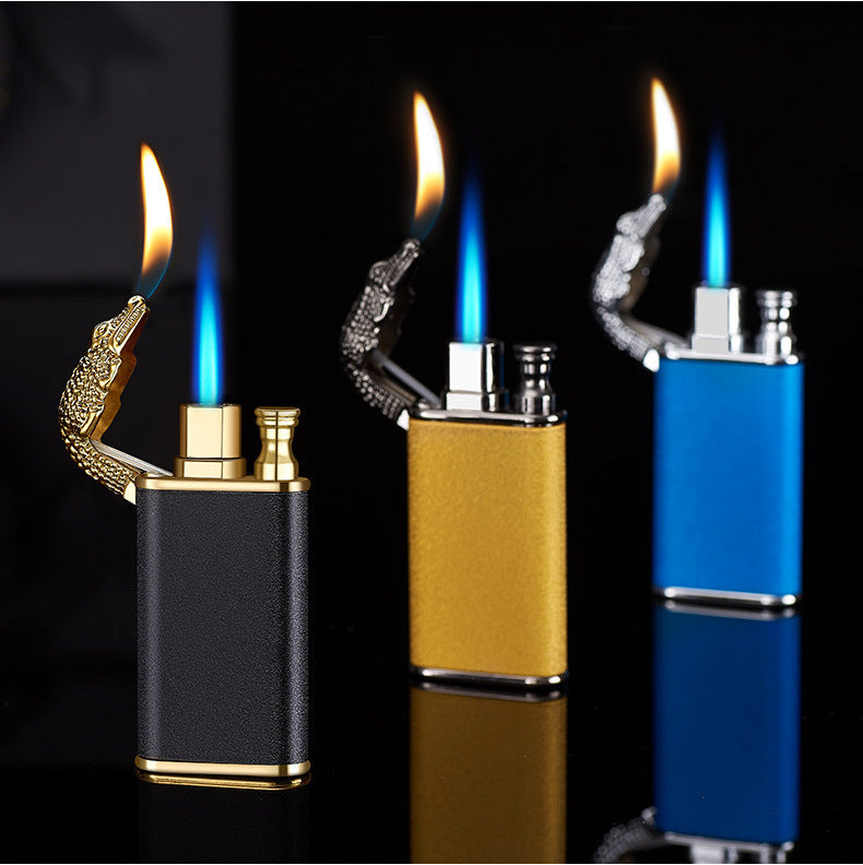 Creative metal blue flame lighter with dragon and dolphin design, windproof and portable double fire jet flame lighter