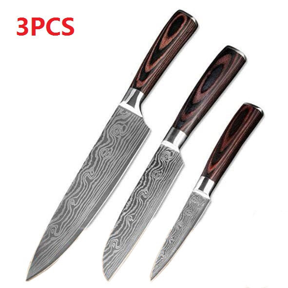 Stainless steel kitchen knife with colored wood handle and laser Damascus pattern blade in black gift box packaging