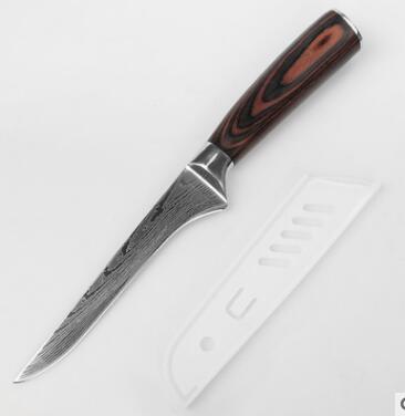 stainless steel kitchen knife with laser Damascus pattern and colored wood handle in black gift box packaging