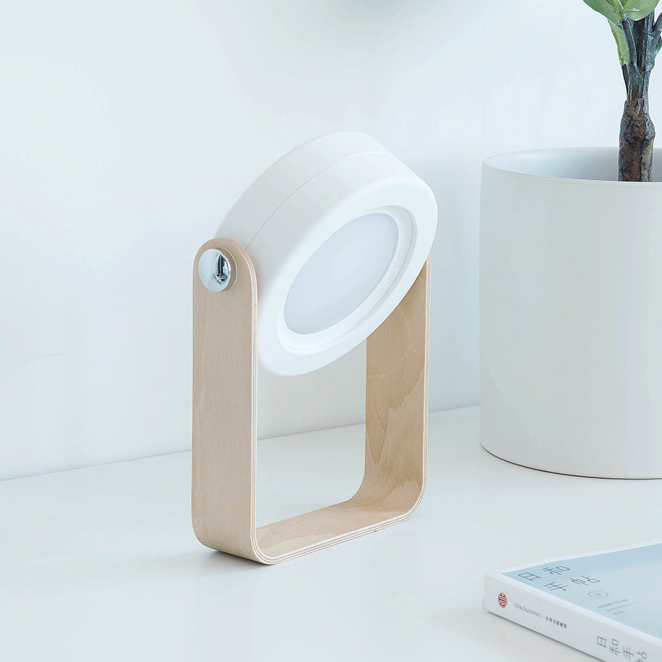 Foldable touch dimmable portable LED reading night light with USB rechargeable battery and wooden accents