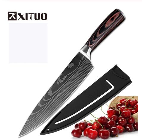 Sharp 7Cr17 stainless steel kitchen knife with colored wood handle and laser Damascus pattern in black gift box packaging