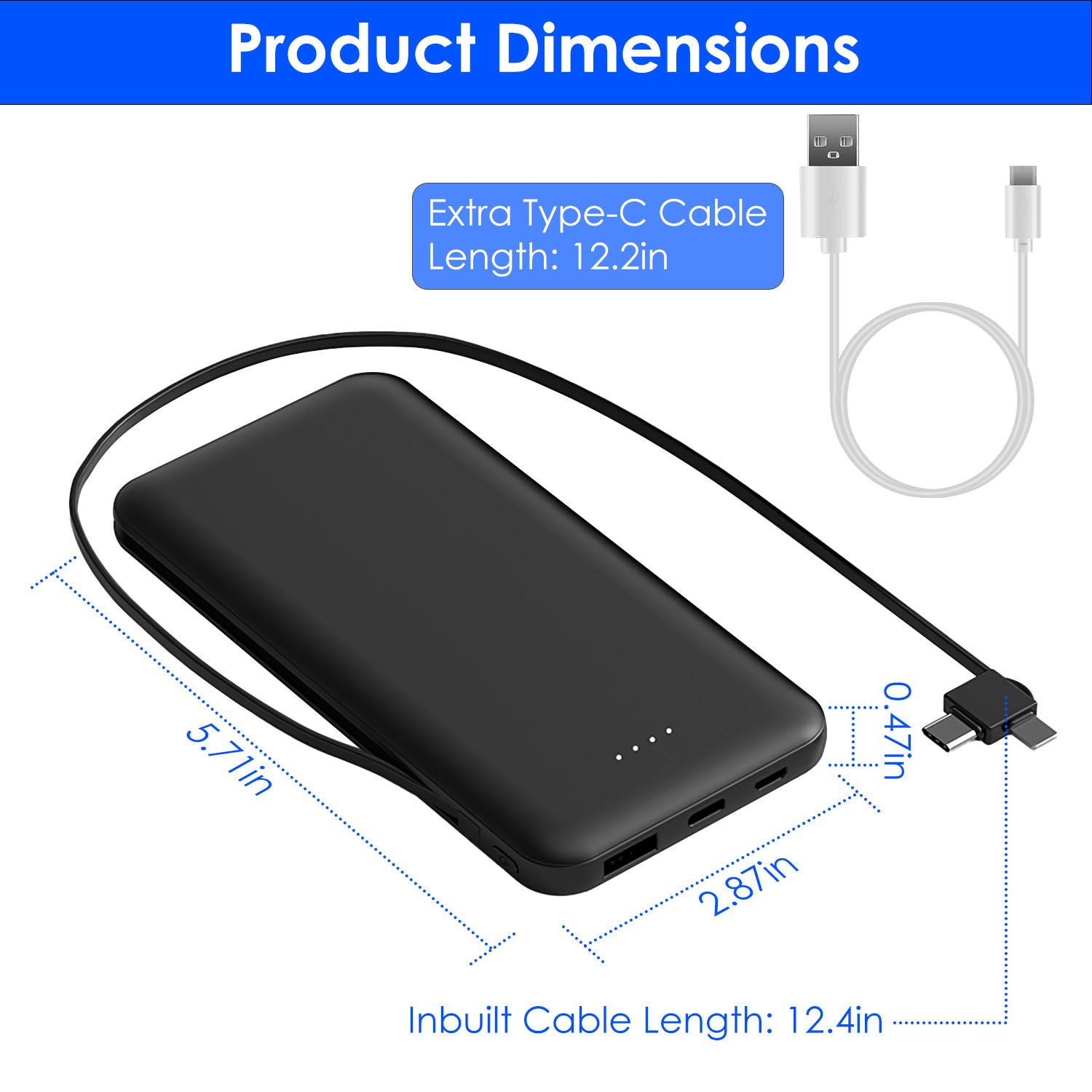 Compact 10000mAh power bank with LT and Type-C cables for simultaneous charging of multiple devices