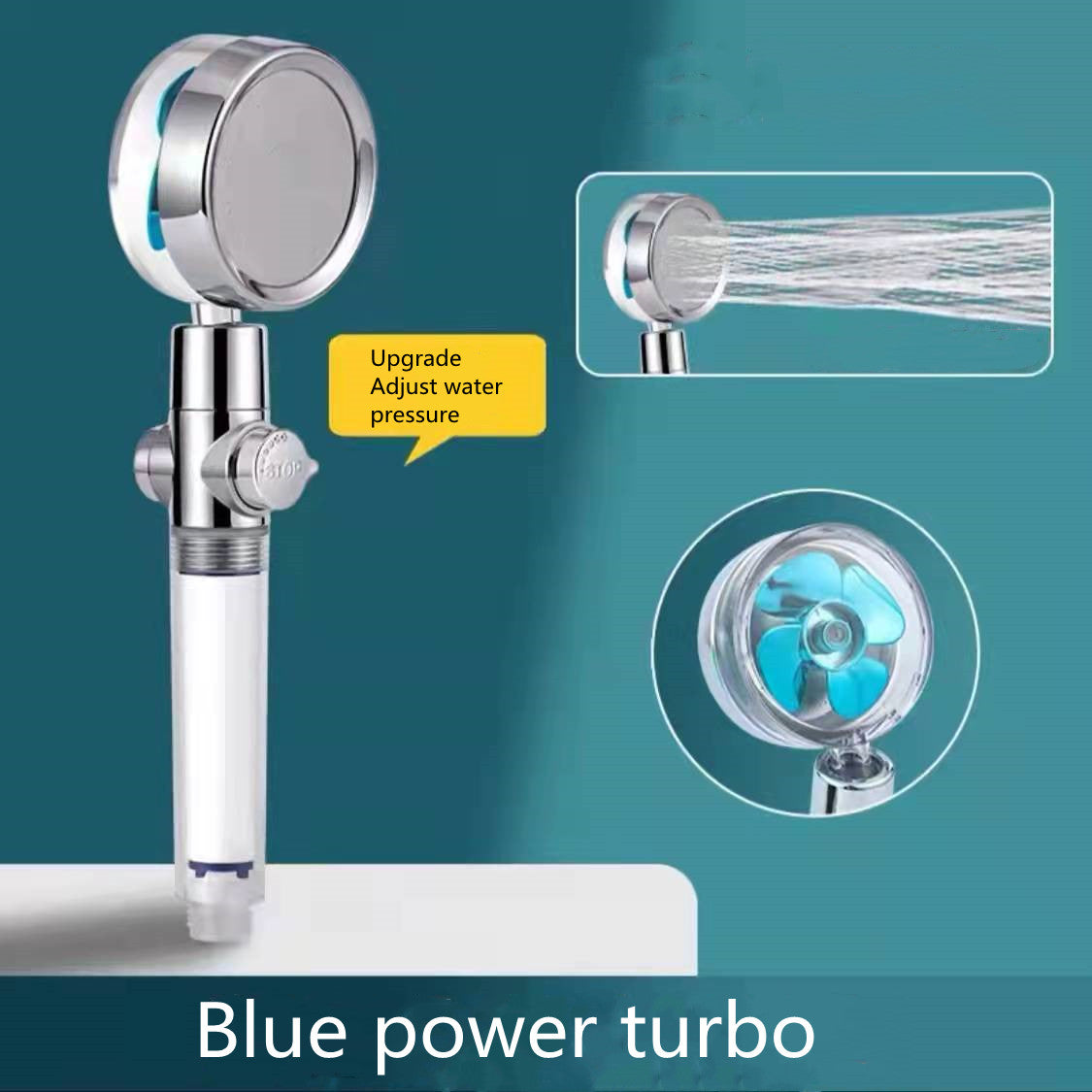 Chrome alloy water saving shower head with 360-degree rotating ABS nozzle and built-in fan