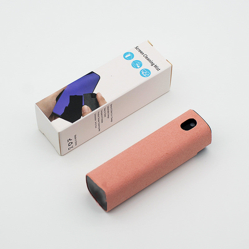 Portable mobile phone screen cleaner with integrated spray and microfiber wipe