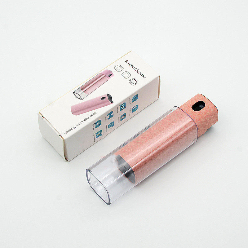 Portable mobile phone screen cleaner with integrated spray and microfiber wipe in slim case
