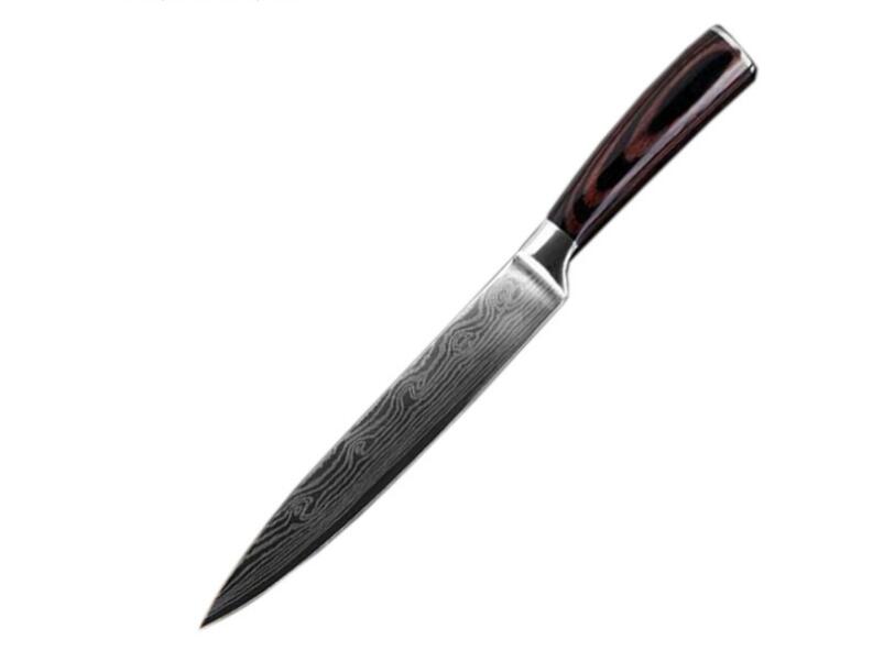 stainless steel kitchen knife with colored wood handle and laser Damascus blade pattern in black gift box packaging