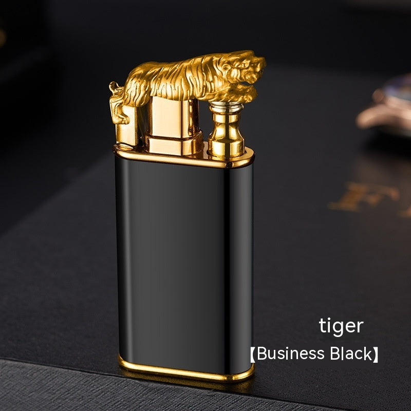 Creative blue flame lighter with dragon and dolphin metal design, windproof and double fire features