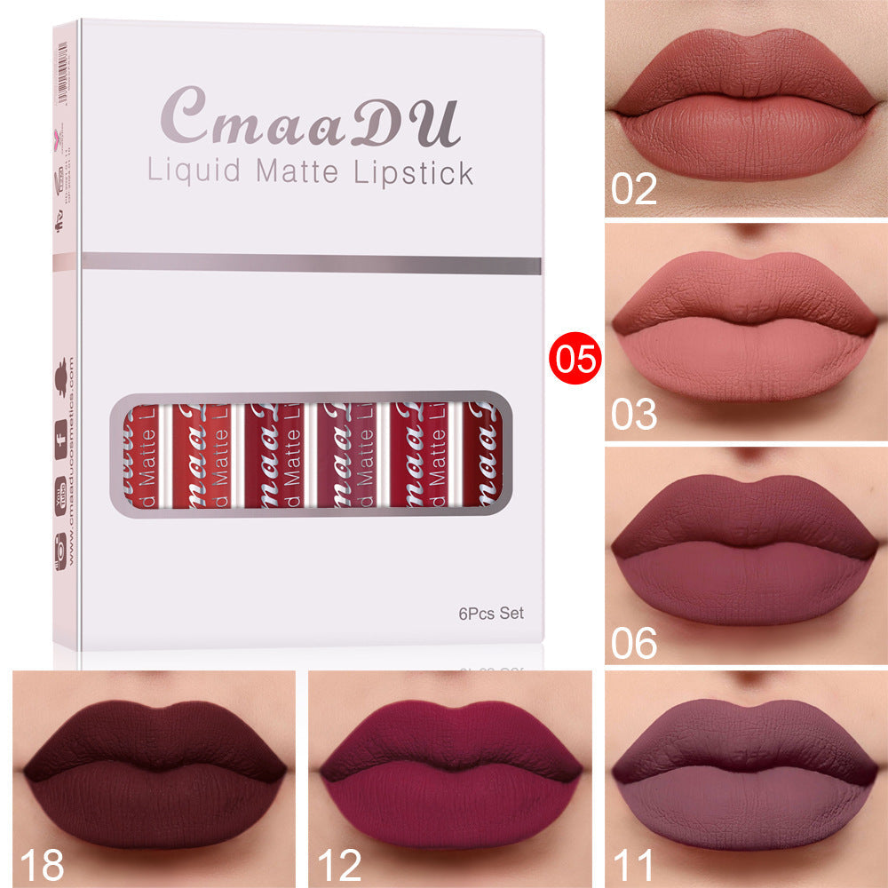 Set of 6 matte non-stick cup waterproof lipsticks in box packaging