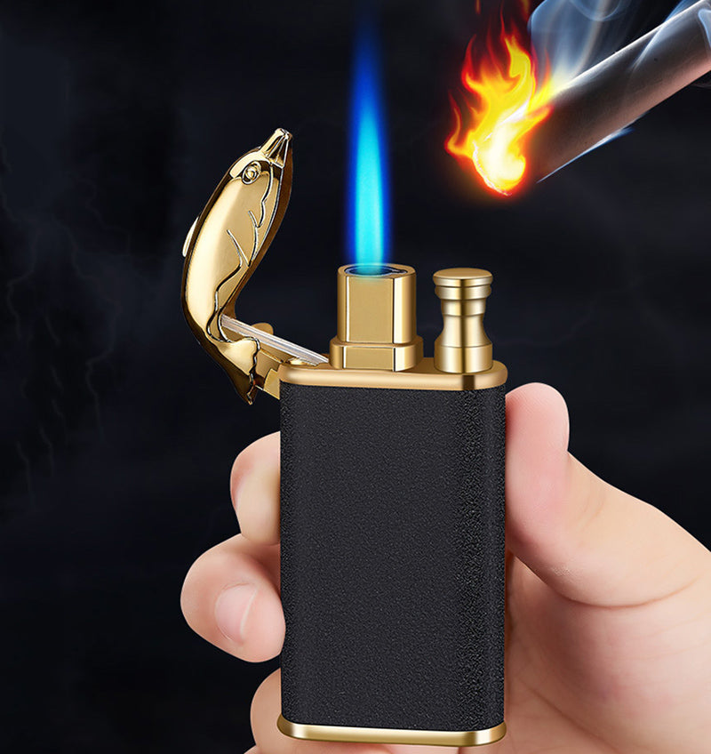 Creative blue flame double fire metal lighter with dolphin and dragon design, windproof and portable