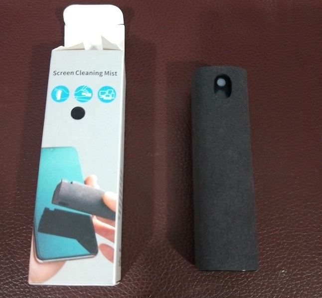 Portable mobile phone screen cleaner with integrated spray and microfiber wipe in compact design