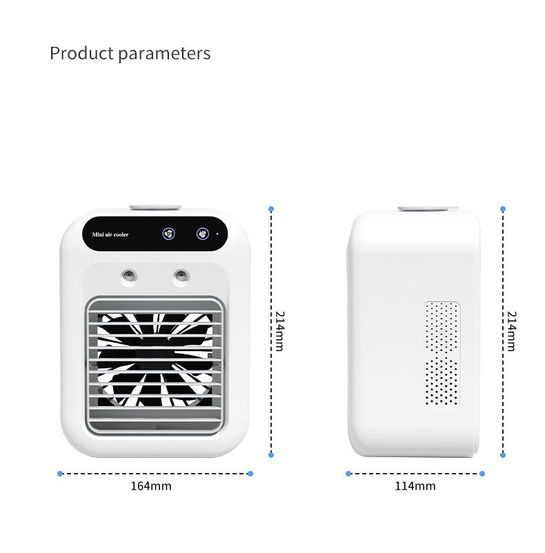 Portable ivory white USB air conditioner air cooler fan with touchscreen and water cooling function for room, office, and cars.