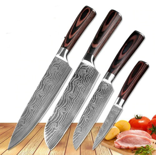 sharp stainless steel kitchen knife with colored wood handle and Damascus pattern blade