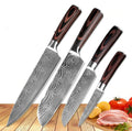 sharp stainless steel kitchen knife with colored wood handle and Damascus pattern blade