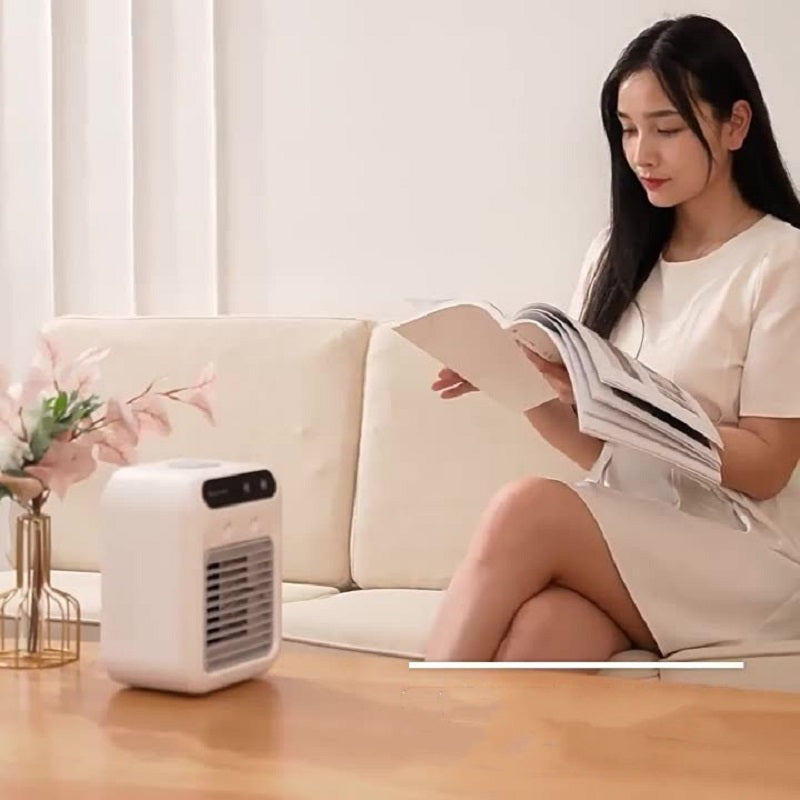 Portable ivory white air conditioner air cooler with USB power and touchscreen controls for room and car cooling