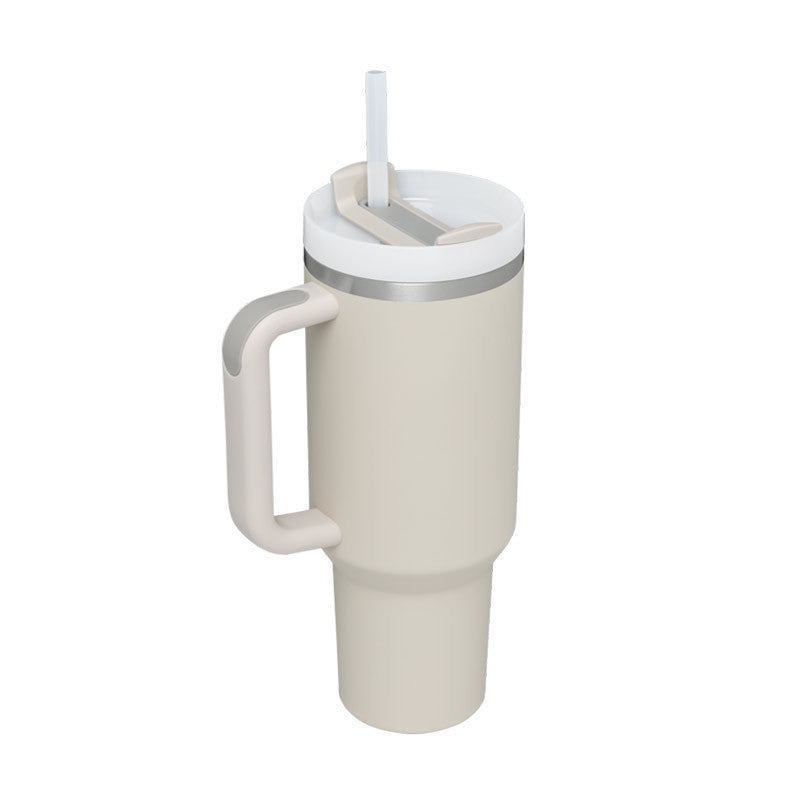 40 oz stainless steel insulated tumbler with handle, straw, and spill-proof lid for hot and cold beverages