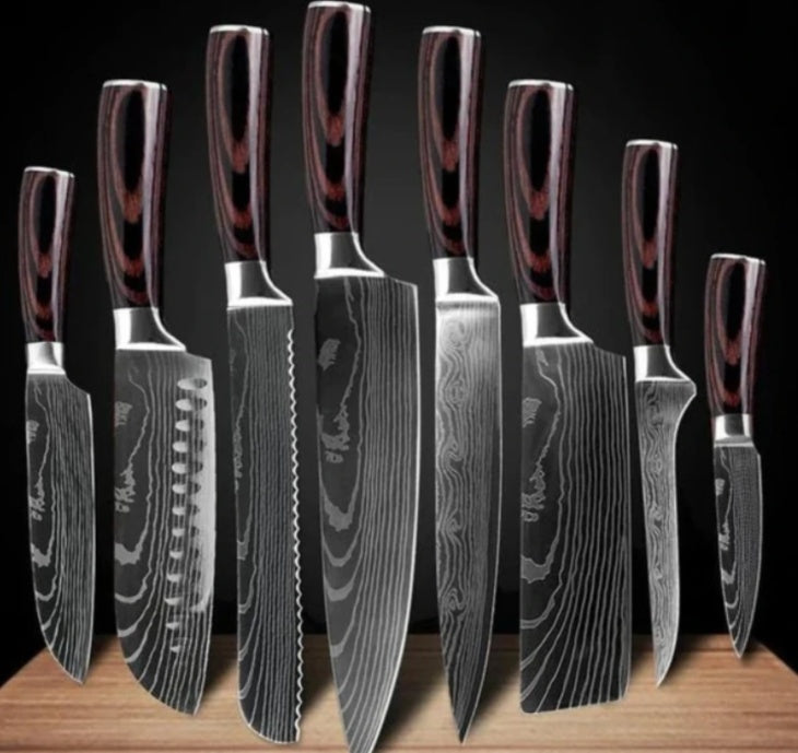 stainless steel kitchen knife with colored wood handle and Damascus pattern blade in black gift box packaging