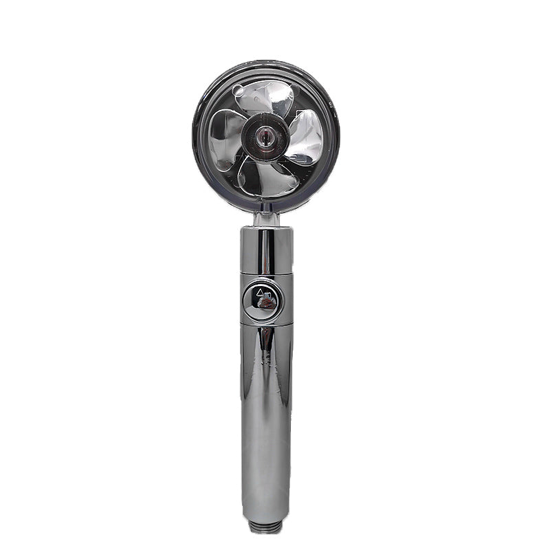 Chrome water saving shower head with 360-degree rotation and built-in fan