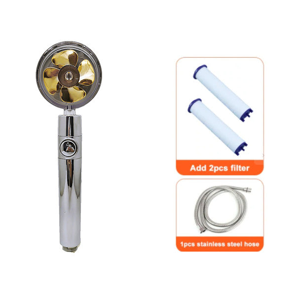 Water saving shower head with 360-degree rotation, ABS plastic, chrome finish, and built-in fan for high-pressure spray