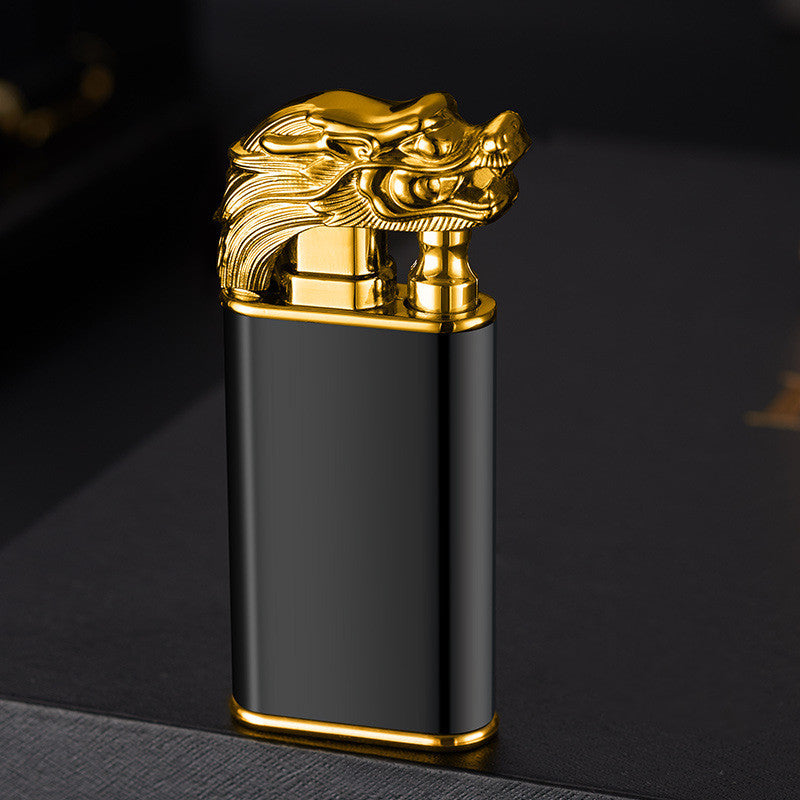 Double flame blue flame lighter with dragon crocodile design, windproof metal butane lighter