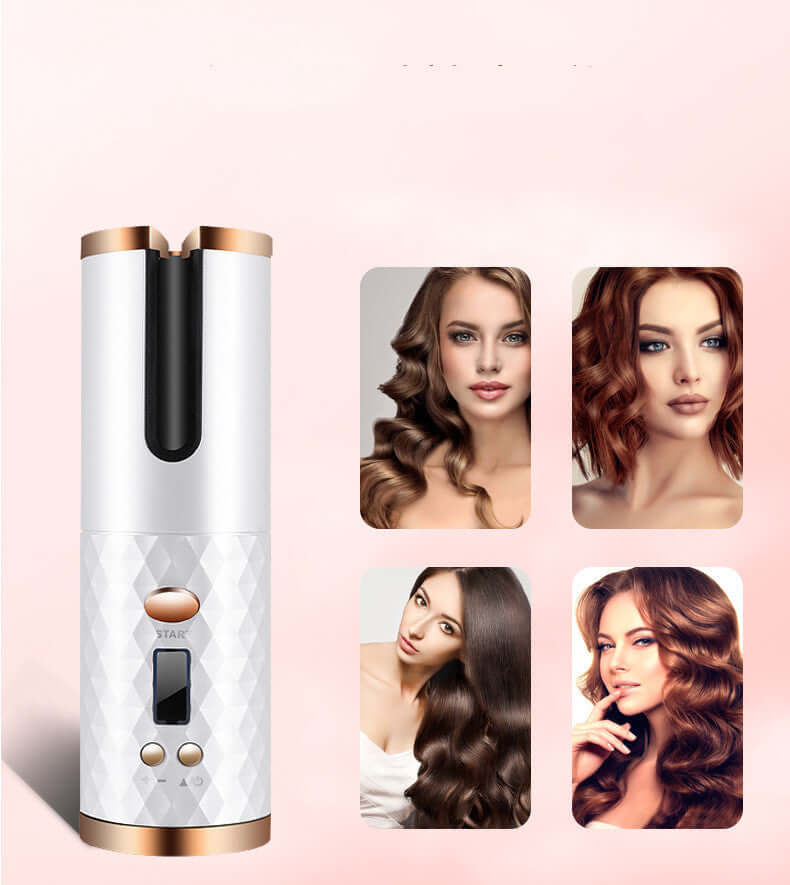 Rechargeable automatic hair curler cordless with LCD and ceramic barrel for salon-quality curls on the go