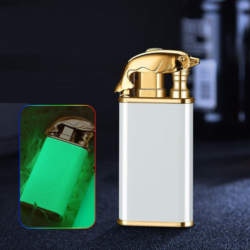Creative blue flame metal lighter with dragon and dolphin design, windproof dual fire jet flame