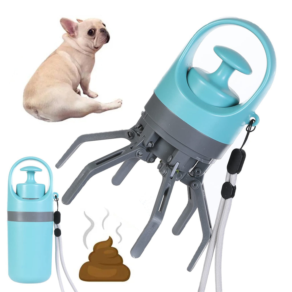 Portable lightweight dog pooper scooper with built-in poop bag dispenser and eight-claw shovel for easy pet waste pickup.