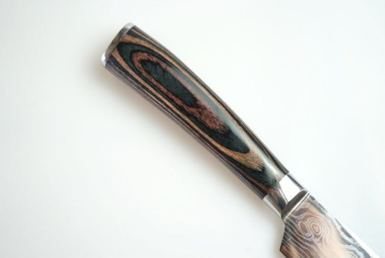 Sharp 7Cr17 stainless steel kitchen knife with colored wood handle and Damascus pattern blade