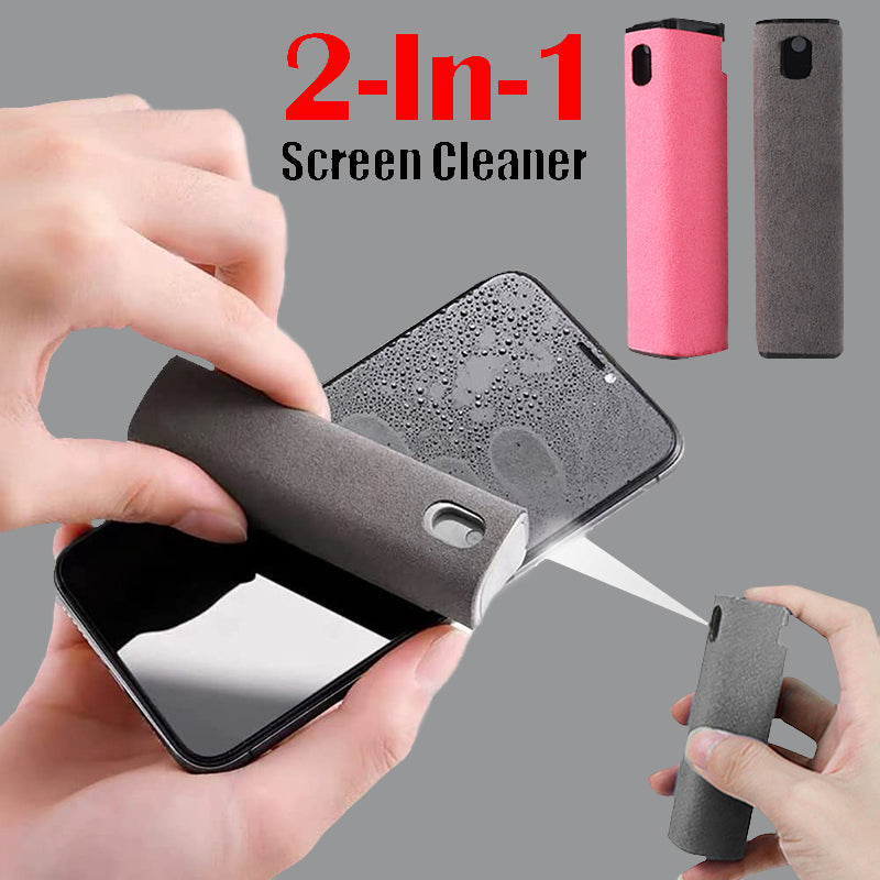Portable mobile phone screen cleaner with integrated spray and microfiber wipe in slim design