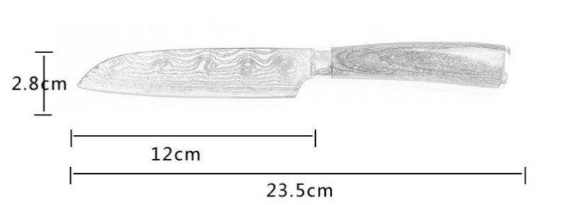 stainless steel kitchen knife with colored wood handle and laser Damascus blade pattern in gift box packaging