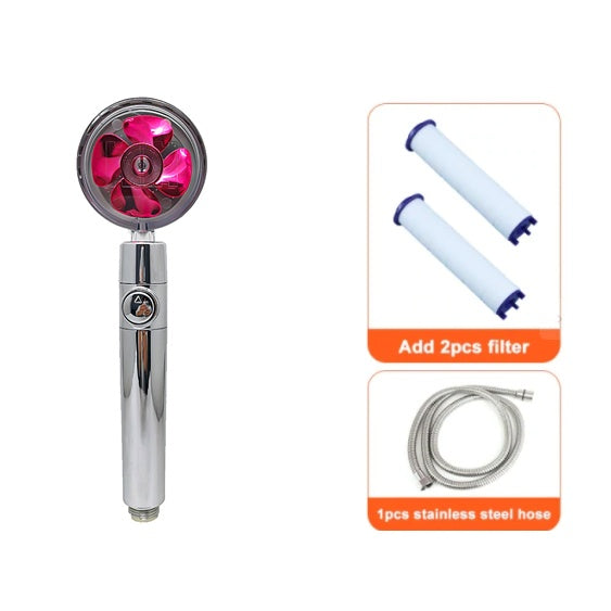 Water saving shower head with 360-degree rotation and built-in fan, chrome ABS plastic high-pressure spray nozzle