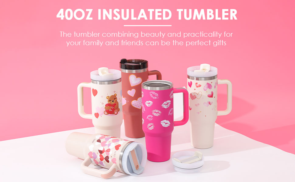40 oz stainless steel insulated tumbler with handle and straw for hot and cold drinks