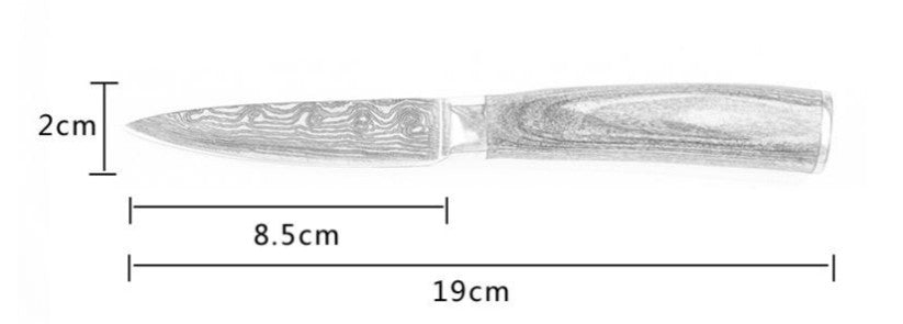 stainless steel kitchen knife with wooden handle and laser Damascus blade pattern in black gift box packaging