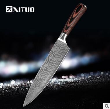 stainless steel kitchen knife with colored wood handle and laser Damascus blade pattern in black gift box packaging