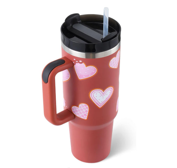 40 Oz insulated stainless steel tumbler with handle, straw, and spill-proof lid for coffee, travel, gym, and office use
