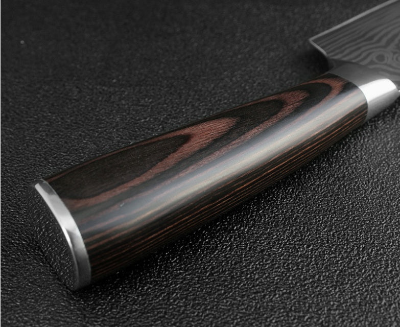 stainless steel kitchen knife with colored wood handle and laser Damascus pattern blade