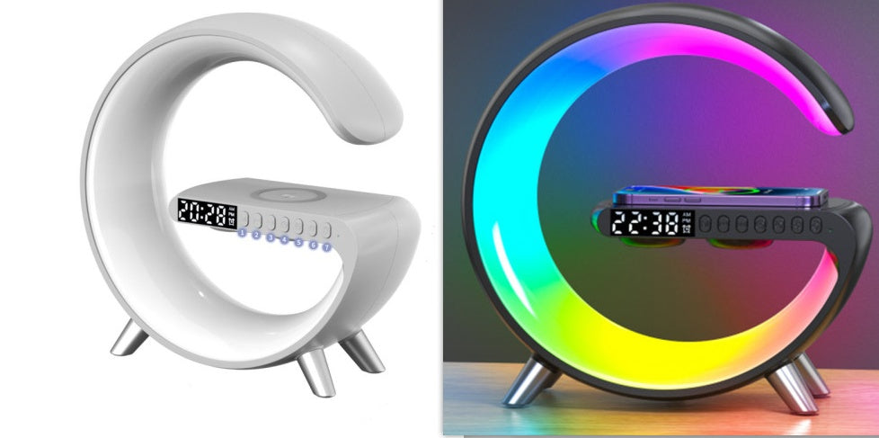 Intelligent G shaped LED lamp with Bluetooth speaker and wireless charger for home decor