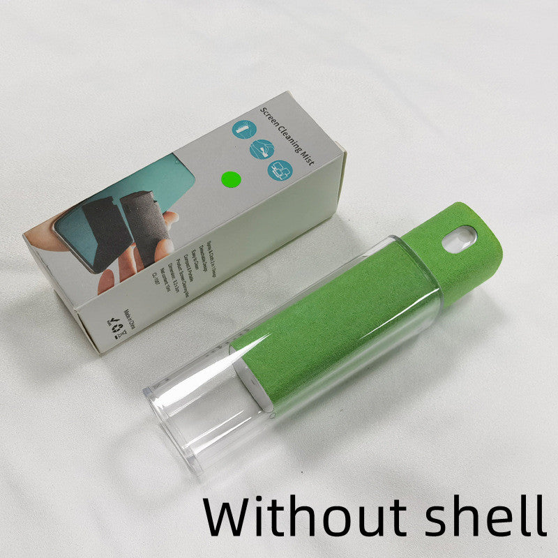 Portable mobile phone screen cleaner with integrated spray and microfiber wipe in a slim, pocket-sized design