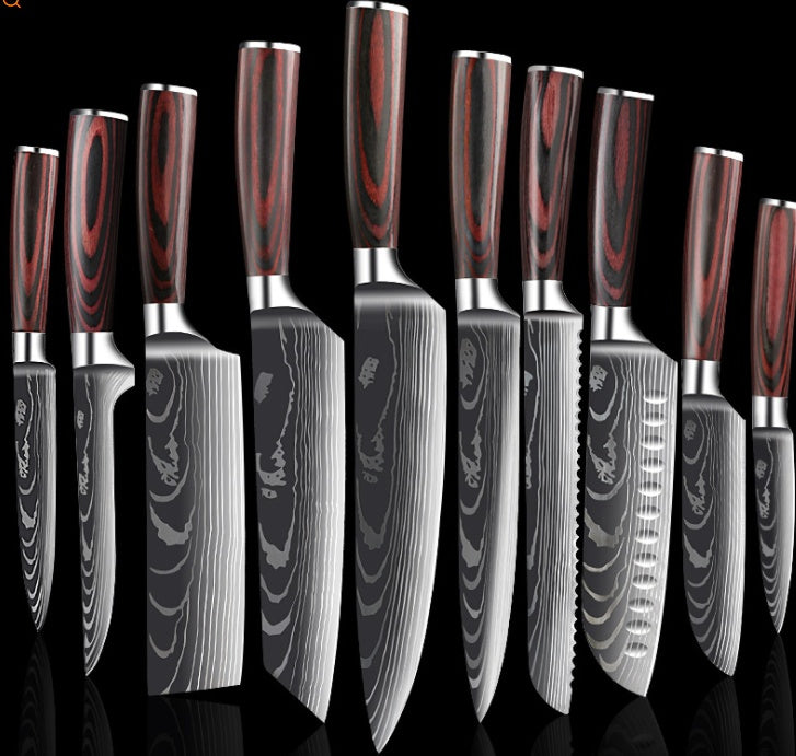 Stainless steel kitchen knife with colored wood handle and laser Damascus pattern blade in gift box packaging