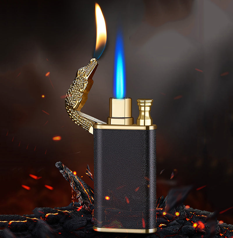 Creative blue flame lighter with dragon and dolphin design, windproof double flame metal lighter