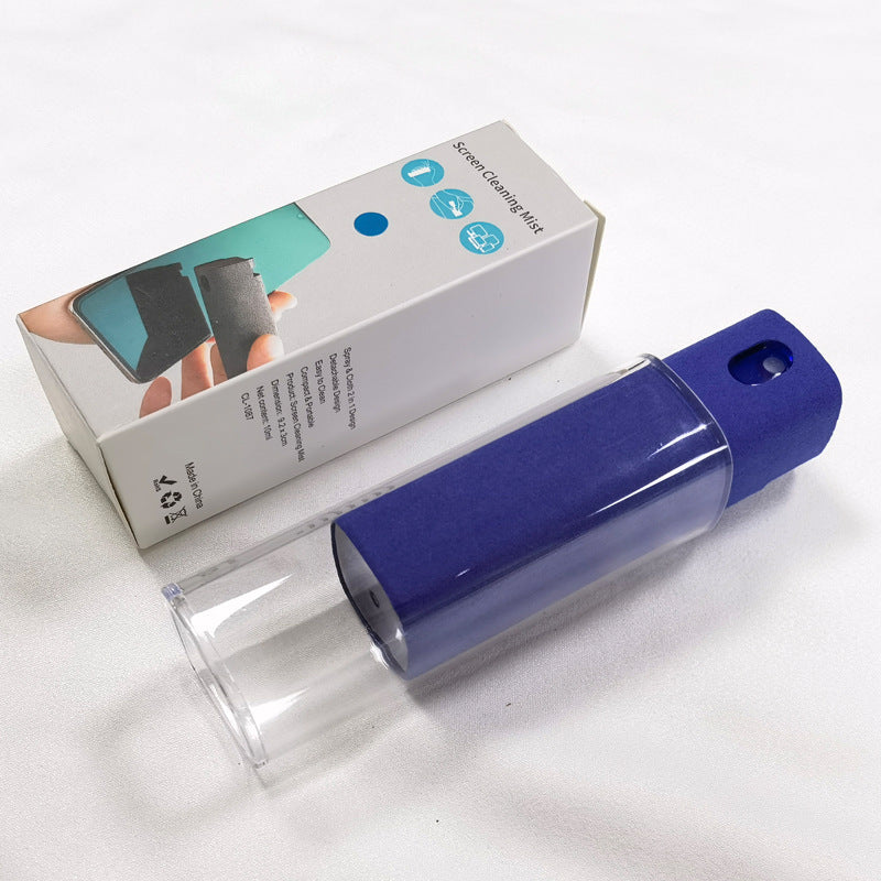 Portable mobile phone screen cleaner with integrated spray and microfiber wipe for fingerprint-proof cleaning