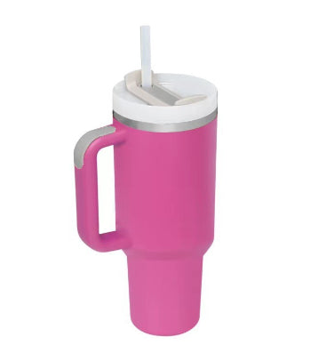 40 oz stainless steel insulated tumbler with handle, straw, and spill-proof lid for coffee and beverages