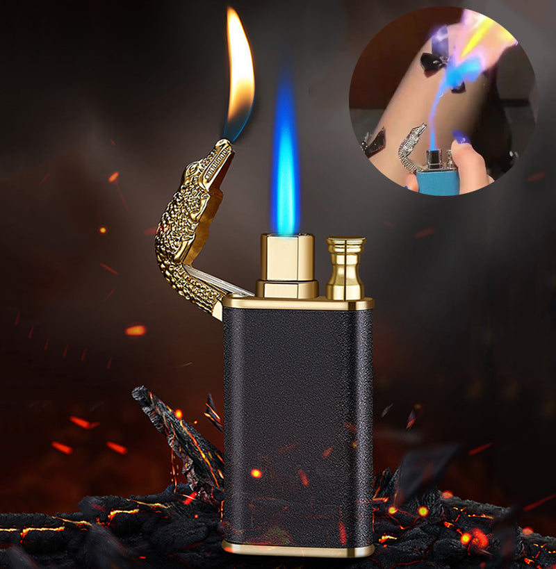Creative blue flame lighter with dragon and dolphin design, windproof double jet flame metal lighter