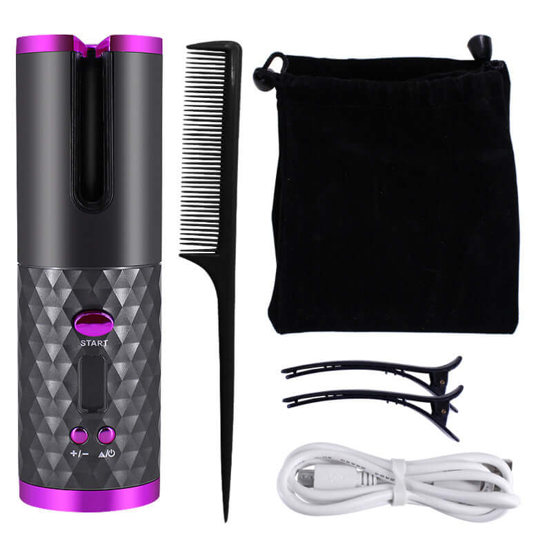 Rechargeable automatic cordless hair curler with LCD display and tourmaline ceramic barrel for salon-quality curls