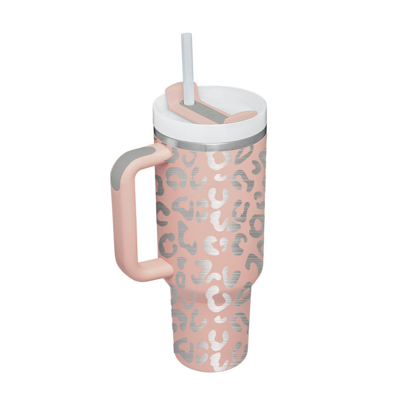 40 oz stainless steel insulated tumbler with handle, straw, and spill-proof lid for hot and cold beverages