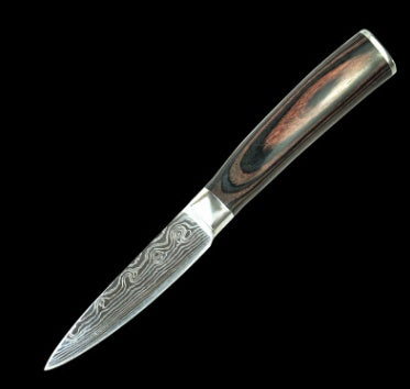 Stainless steel kitchen knife with colored wood handle and laser Damascus pattern blade in gift box packaging