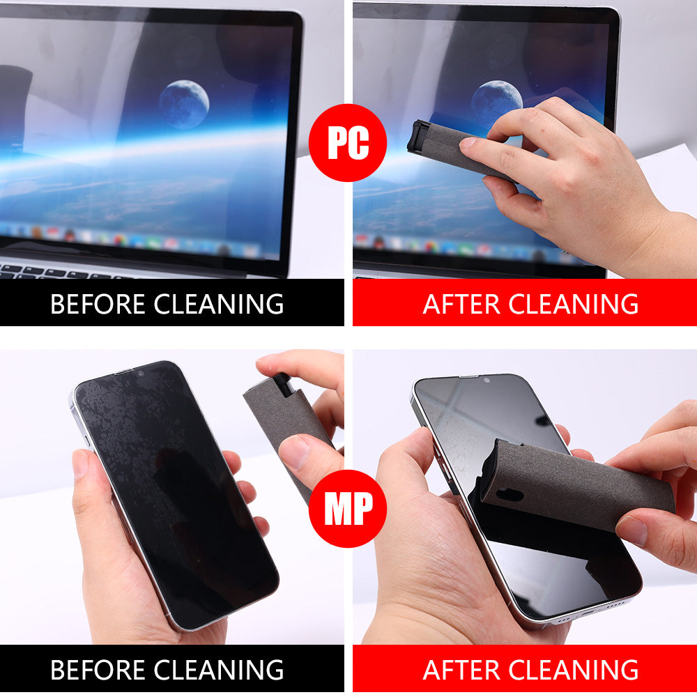 Portable mobile phone screen cleaner with integrated spray and microfiber wipe in slim design
