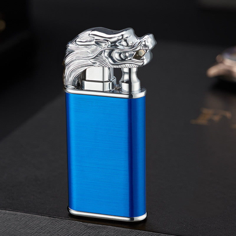 Creative blue flame lighter with dragon, dolphin, and tiger design, windproof double fire metal inflatable lighter