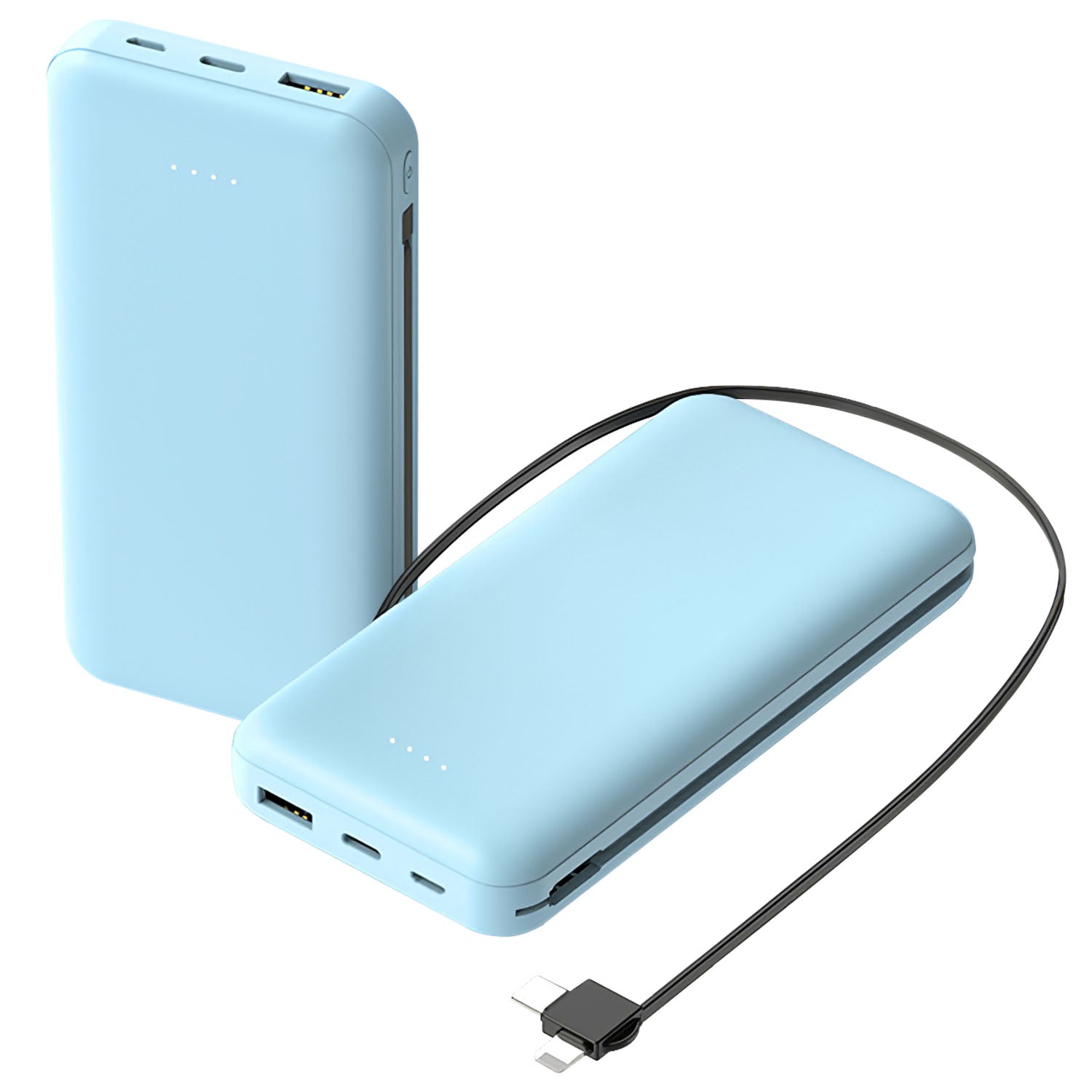 Portable 10000mAh power bank with LT and Type-C cables for charging multiple devices including iPhone and Android