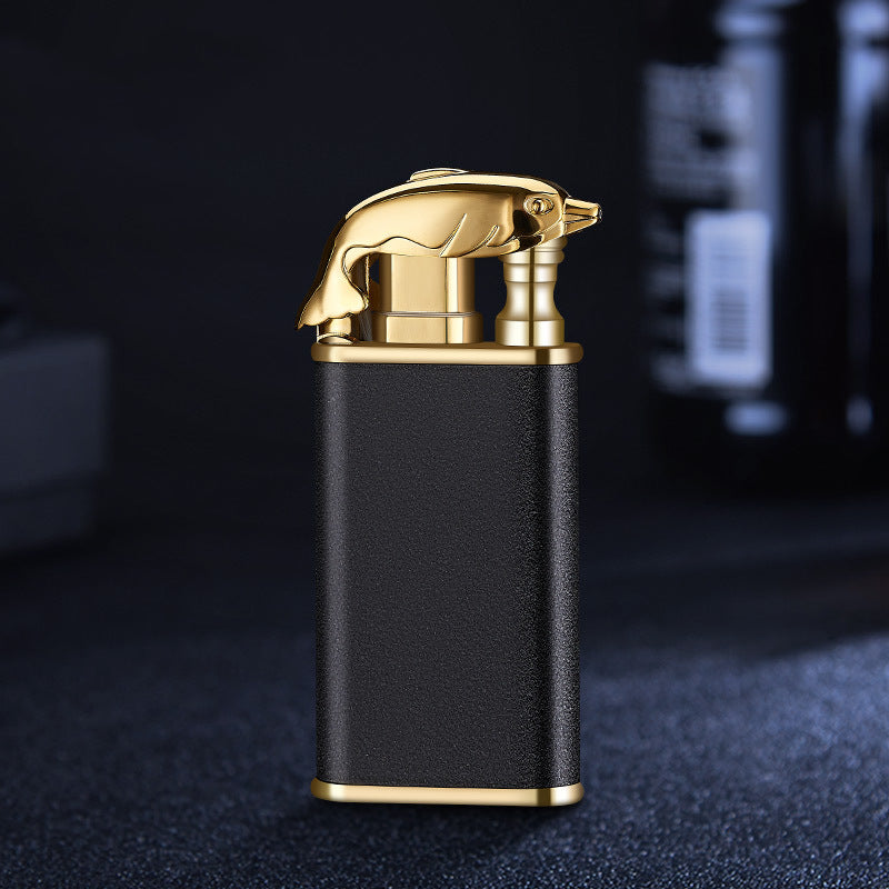Creative blue flame metal lighter with dolphin, dragon, and tiger designs, windproof, double jet flame, portable and stylish