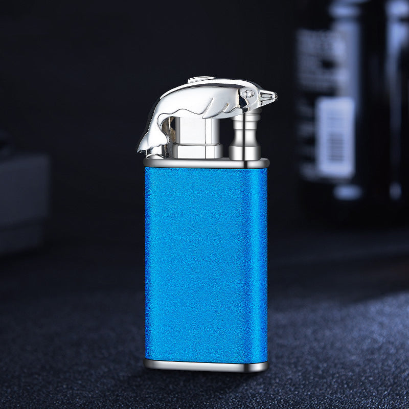 Creative blue flame windproof metal lighter with dragon and dolphin design